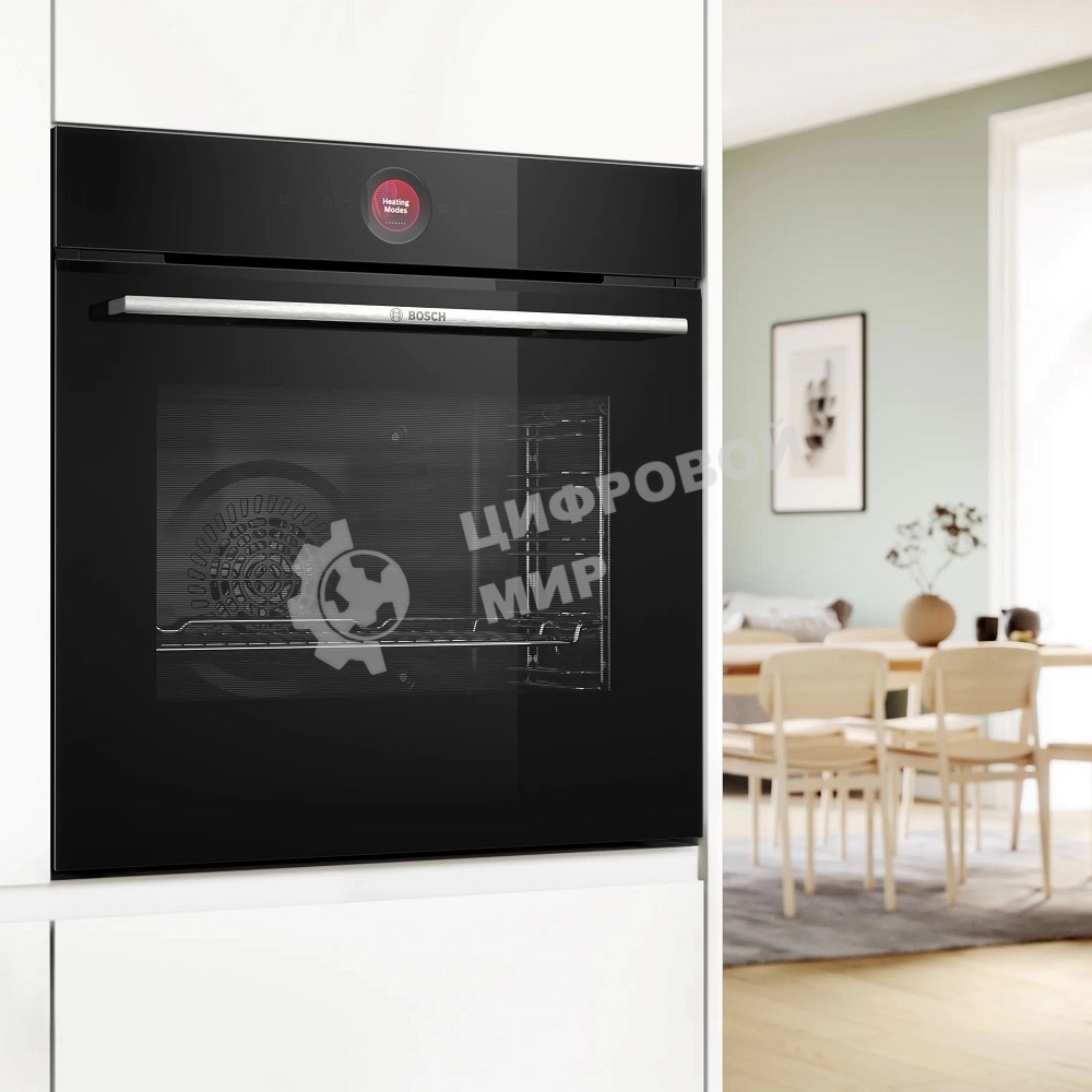 Встраиваемый духовой шкаф с 14 режимами нагрева,контроль температуры от 30 °C до 300 °C,объем 71 л,Eco Clean Direct,TFT сенсорный дисплей,дверь с SoftClose и SoftOpen, Bosch Assist,система очистки пиролитическая,черный