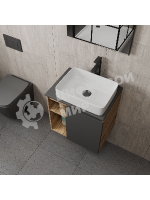 Тумба Bau Dream Blackwood 60 правая, графит, раковина BAU Hotel 48х37, смеситель для раковины высокий Hotel Black, черный, выпуск клик клак, черный