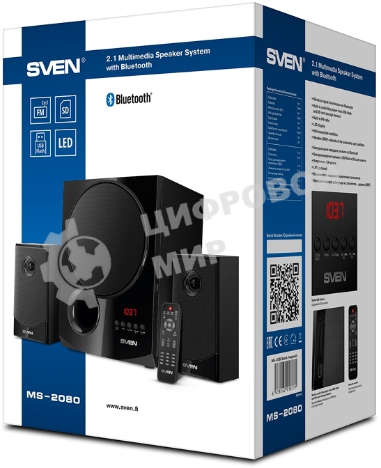 Акустическая система 2.1 SVEN MS-2080/70 Watt/~220V 50Hz/FM-тюнер, USB/SD, дисплей/BLUETOOTH/ПДУ/Black