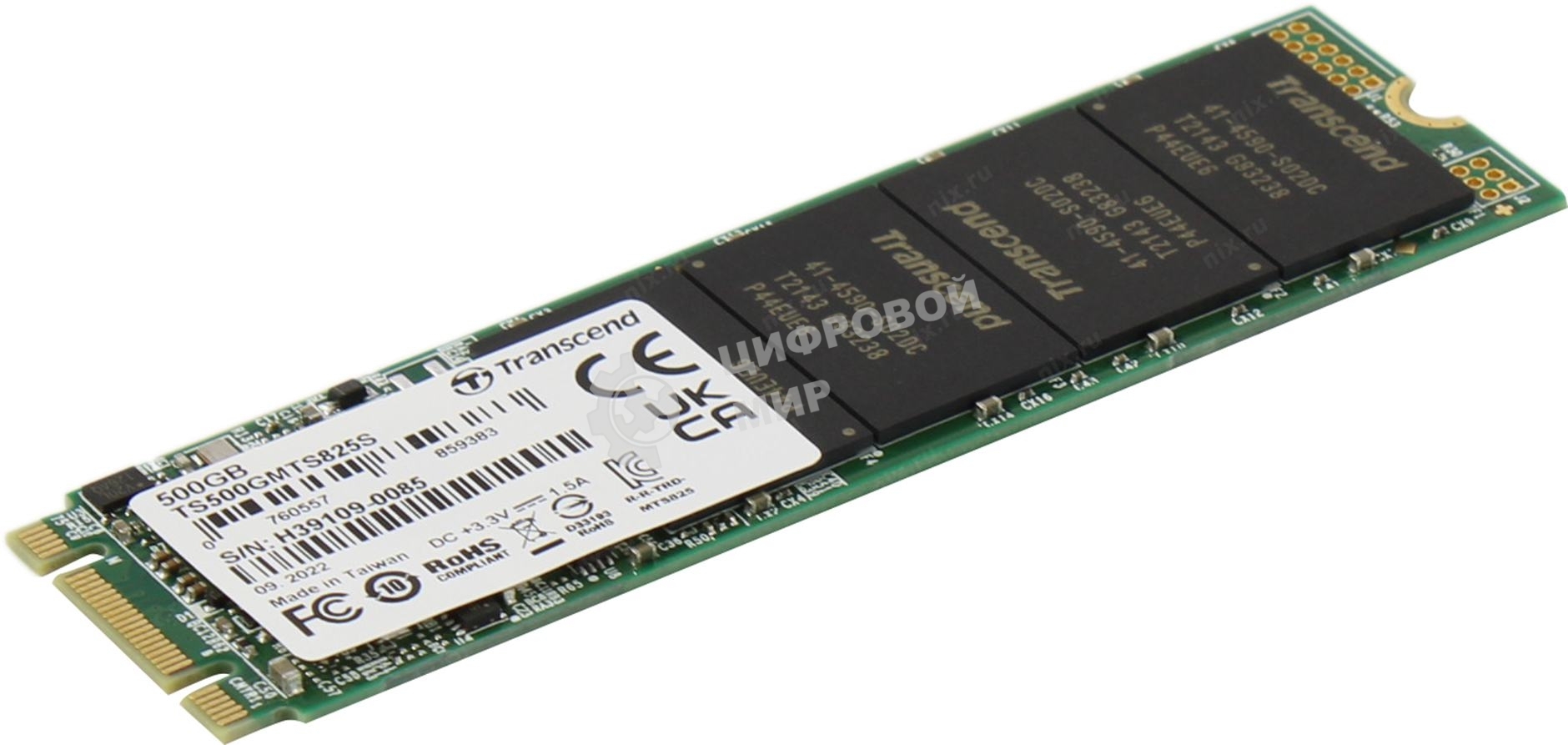 Накопитель SSD M.2 Transcend 500Gb MTS825 TS500GMTS825S (SATA3, up to 530/480MBs, 3D NAND, 180TBW, 22x80мм)