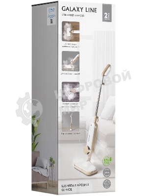 Паровая швабра Galaxy Line GL 6401, белый с бежевым, 1600 Вт, 0,35 л, 2,5 бар, 3 режима, время работы до 25 мин, макс. подача пара 35 г/мин, макс. температура нагрева 110°C, время нагрева 30 с, уборка на расстоянии до 6 м, вертикальная парковка, аксессуары: накладка из микрофибры, насадка для ковров, мерный стакан