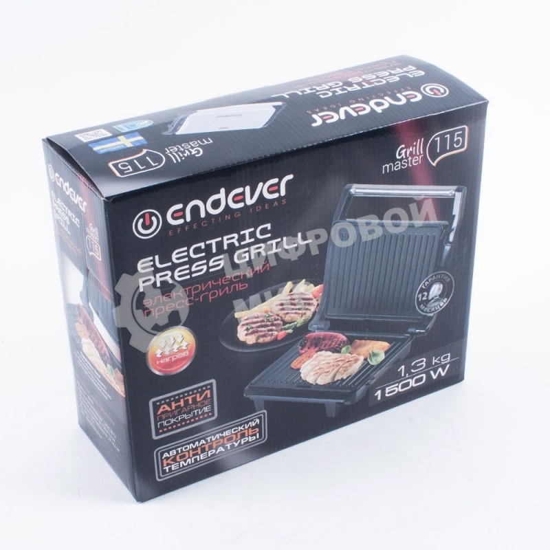 Гриль электрический Endever Grillmaster 115, 1500 Вт, авто терморегулятор, антипригарное покрытие, индикатор нагрева, серебристый/черный