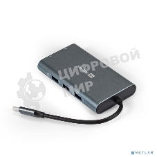 USB-концентратор ExeGate EX293985RUS DUB-31C/MAX (кабель-адаптер USB Type-C --> 3xUSB3.0 + Card Reader + PD 100W + HDMI 4K@30Hz + VGA + Audio + Lan RJ45 10/100/1000Mb, Plug&Play, серый)