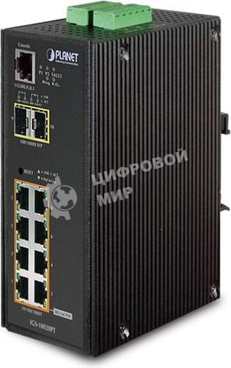 Коммутатор индустриальный PoE IGS-10020PT для монтажа в DIN-рейку IP30 L2+ SNMP Manageable 8-Port Gigabit POE(Af) Switch + 2-Port Gigabit SFP Industrial Switch (-40 to 75 C), ERPS Ring Supported, 1588