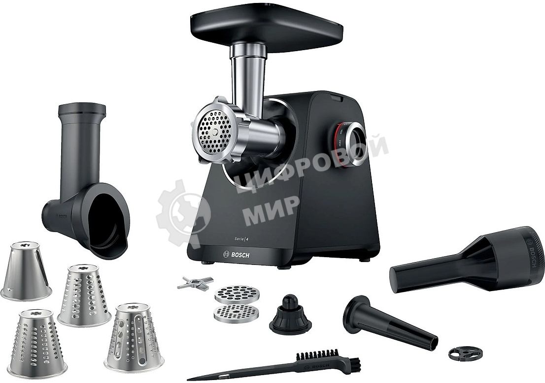 Мясорубка электрическая Bosch MFWS440B черный, 1900 Вт, 2.5 кг/мин, реверс, защита от перегрузки, насадки - 7