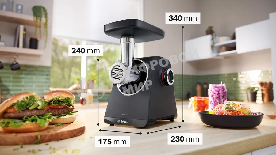 Мясорубка электрическая Bosch MFWS440B черный, 1900 Вт, 2.5 кг/мин, реверс, защита от перегрузки, насадки - 7