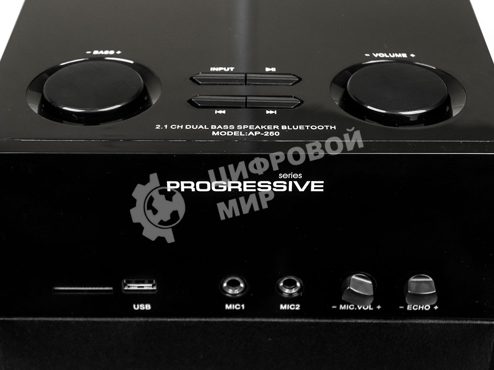 Колонки Dialog Progressive AP-250 BLACK 2.1, 50W+2*15W RMS, Караоке, Bluetooth, FM+USB+SD, Опт.вх. 