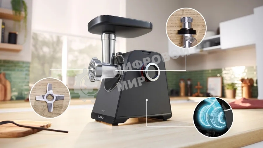 Мясорубка электрическая Bosch MFWS440B черный, 1900 Вт, 2.5 кг/мин, реверс, защита от перегрузки, насадки - 7