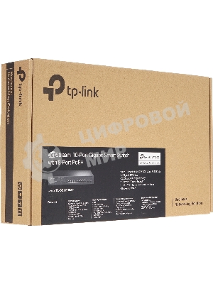 Коммутатор TP-Link JetStream 10-Port Gigabit Smart Switch with 8-Port PoE+, 8× Gigabit PoE+ Ports, 2× Gigabit SFP Slots, 802.3at/af, 150 W PoE Power, 1U 13-inch Rack-mountable Steel CaseIntegration with Omada SDN Controller, 802.1Q VLAN, STP/RSTP/MSTP, IGMP Snoopi