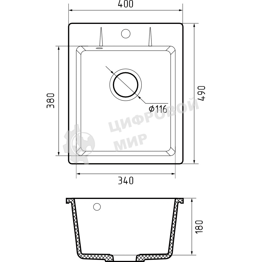 Мойка GRANFEST URBAN 240 1-чаша 400x490мм, монтаж: врезной, материал: кварц, серый