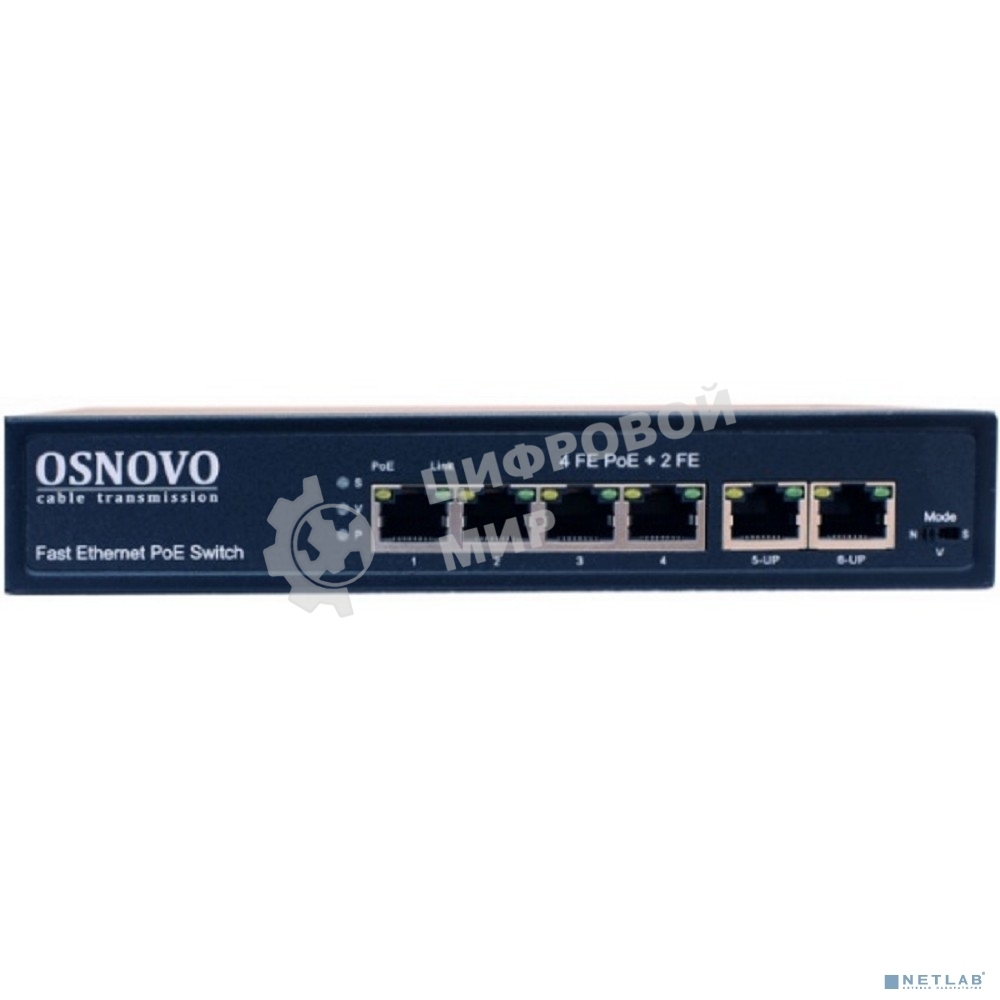 Коммутатор Osnovo SW-20600(80W) PoE коммутатор 6 портов, 4 PoE порта 10/100 Base-T, 2*10/100 Base-T Uplink, до 30W на порт, суммарно до 80W