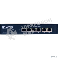 Коммутатор Osnovo SW-20600(80W) PoE коммутатор 6 портов, 4 PoE порта 10/100 Base-T, 2*10/100 Base-T Uplink, до 30W на порт, суммарно до 80W