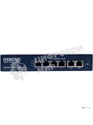 Коммутатор Osnovo SW-20600(80W) PoE коммутатор 6 портов, 4 PoE порта 10/100 Base-T, 2*10/100 Base-T Uplink, до 30W на порт, суммарно до 80W