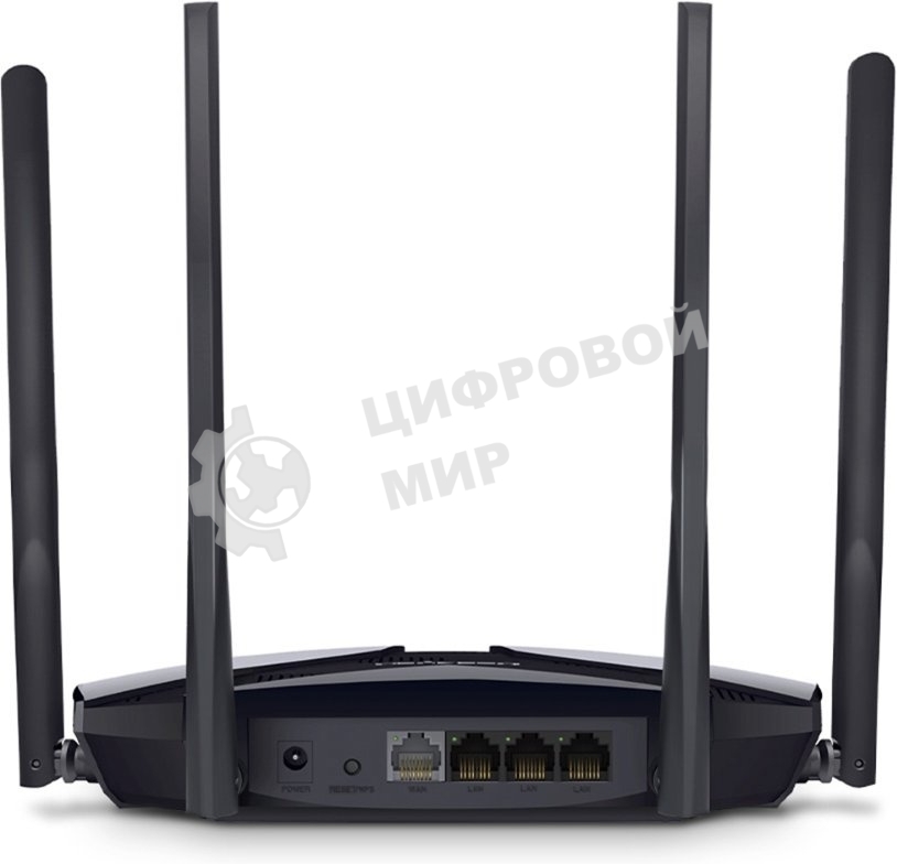 Двухдиапазонный роутер MERCUSYS MR80X AX3000 Wi-Fi 6, до 574 Мбит/с на 2,4 ГГц + до 2402 Мбит/с на 5 ГГц,4 фиксированные внешние антенны, 3 гигабитных порта LAN, 1 гигабитный порт WAN