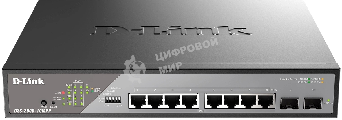 Коммутатор сетевой Smart L2 Surveillance Switch 8х1000Base-T PoE 802.3bt 90W, 2x1000Base-X SFP, PoE Budget 242W, Long-range PoE up to 250m
