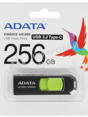 Флешка USB ADATA UC300 (ACHO-UC300-256G-RBK/GN), 256Gb, Type-C USB 3.2, R/W 100/30, черный/зеленый