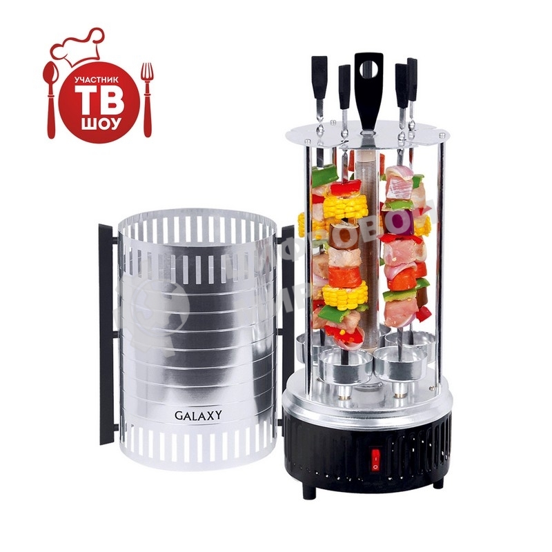 Шашлычница электрическая Galaxy Line GL 2610, серый, 1000 Вт, 5 шампуров из высококачественной нержавеющей стали, автоматическое вращение шампуров на 360°, долговечный керамический нагревательный элемент, защитный кожух из пищевого алюминия