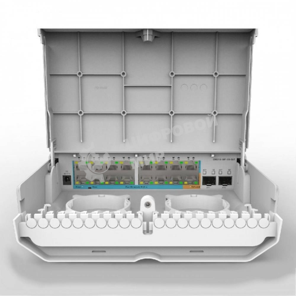 Коммутатор MikroTik Cloud Router Switch 318-16P-2S+OUT with 800MHz CPU, 256MB RAM, 16x Gigabit LAN with PoE-out, 2xSFP+ cages, RouterOS L5 or SwitchOS (dual boot), outdoor enclosure, mounting kit (power supply N