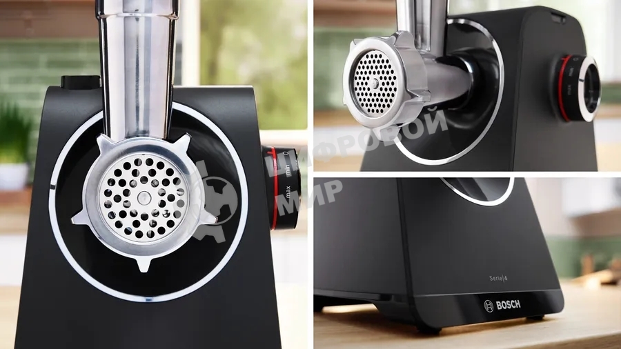 Мясорубка электрическая Bosch MFWS440B черный, 1900 Вт, 2.5 кг/мин, реверс, защита от перегрузки, насадки - 7
