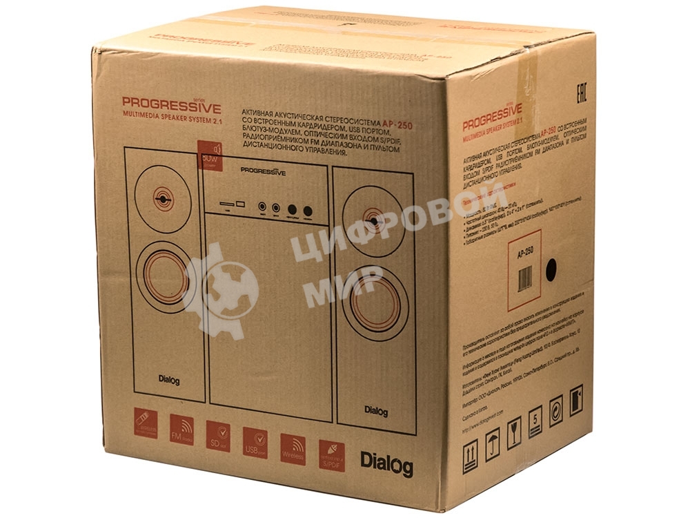 Колонки Dialog Progressive AP-250 BLACK 2.1, 50W+2*15W RMS, Караоке, Bluetooth, FM+USB+SD, Опт.вх. 