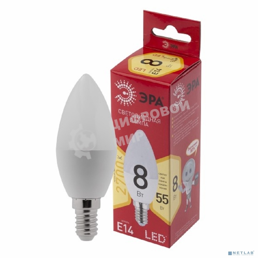 Лампа светодиодная ЭРА LED B35-8W-827-E14 R Лампа светодиодная (диод, свеча, 8Вт, тепл, E14) (10/100/3500)