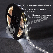 Лента светодиодная 5 м 12 В 2835 6500 К IP23 60 LED/м для БП с клеммами LAMPER