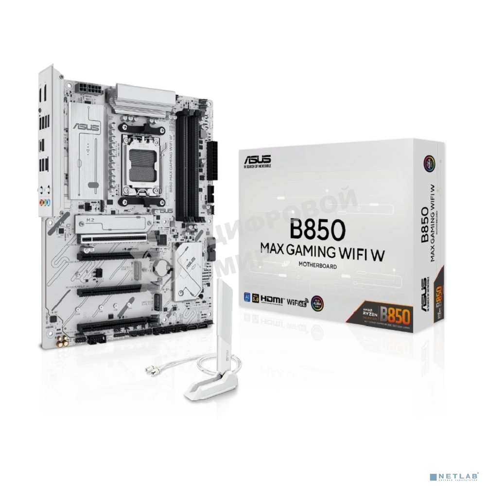 Материнская плата ASUS B850 MAX GAMING WIFI W, AM5, AMD B850, 4xDDR5, 4xSATA, 3xM.2, 1xPCIe 5.0 x16, 1xPCIe 4.0 x4, 2xPCIe 3.0 x1, 1xDisplayPort, 1xHDMI, 1x2.5Gb LAN, Wi-Fi 6E, Bluetooth 5.3, 1xUSB-C 10Gbps, 3xUSB-A 10Gbps, 2xUSB-A 5Gbps, 2xUSB-A 2.0, 3x3
