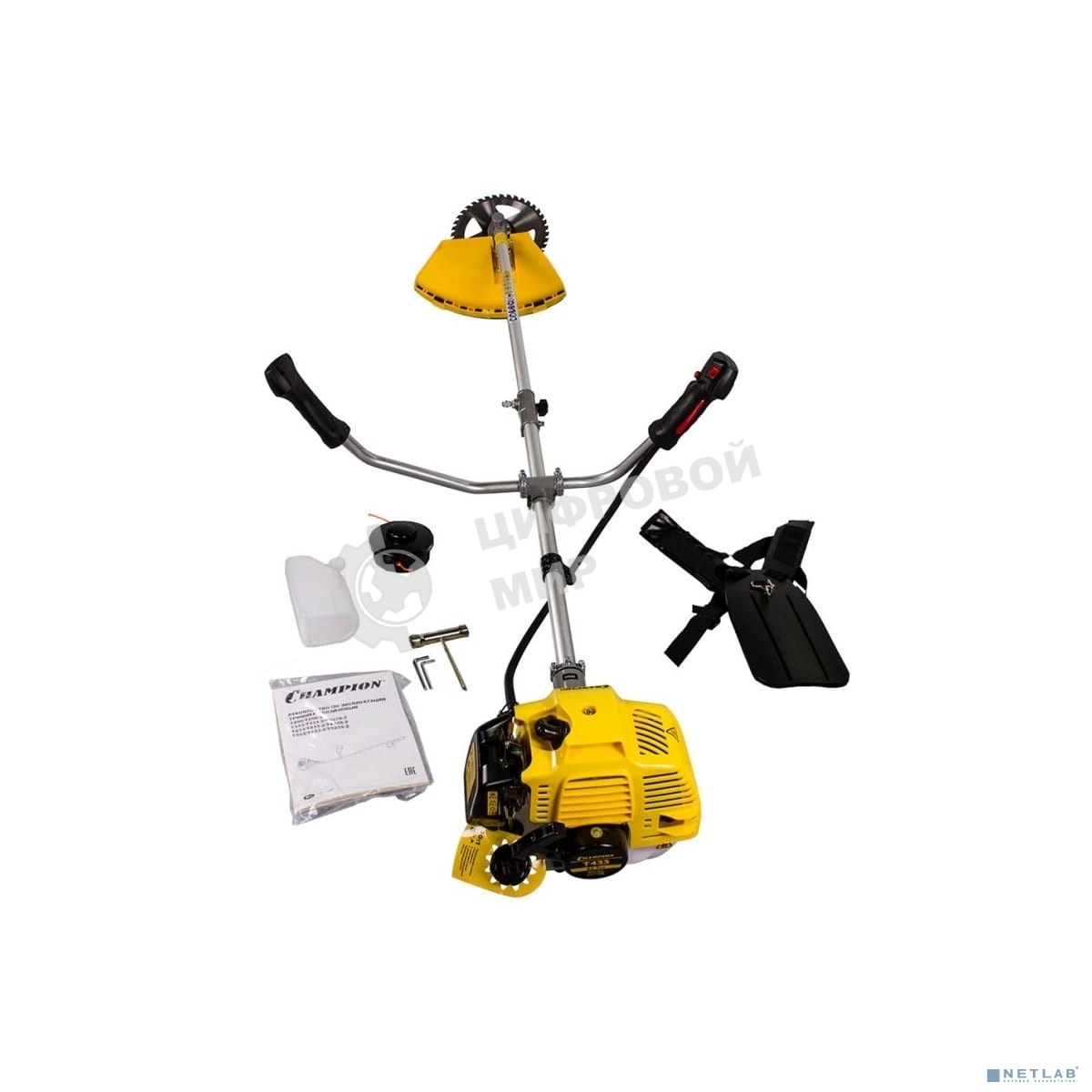 Газонокосилка Champion Т433 Мощность двигателя 1.25/1.7 кВт/л.с, Вес без режущей насадки 8,2 кг, Объем двигателя 42,7 см3, Объем топливного бака 950 мл, Максимальный расход топлива 610 г/кВт•ч/мл/ч, Тип рукоятки U-образная, штанга прямая Разъемная, Длина 