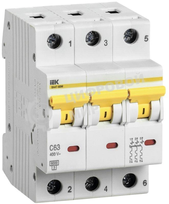 Выключатель автоматический трехполюсный ВА47-60M 3Р 63А 6кА С MVA31-3-063-C IEK