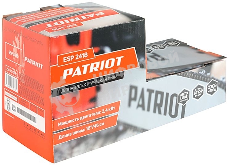 Пила цепная электрическая Patriot ESP 2418, 2400Вт, 18'/45 см, 3/8, 1,3мм 62 зв, плавный пуск, бесключевая натяжка цепи, термозащита