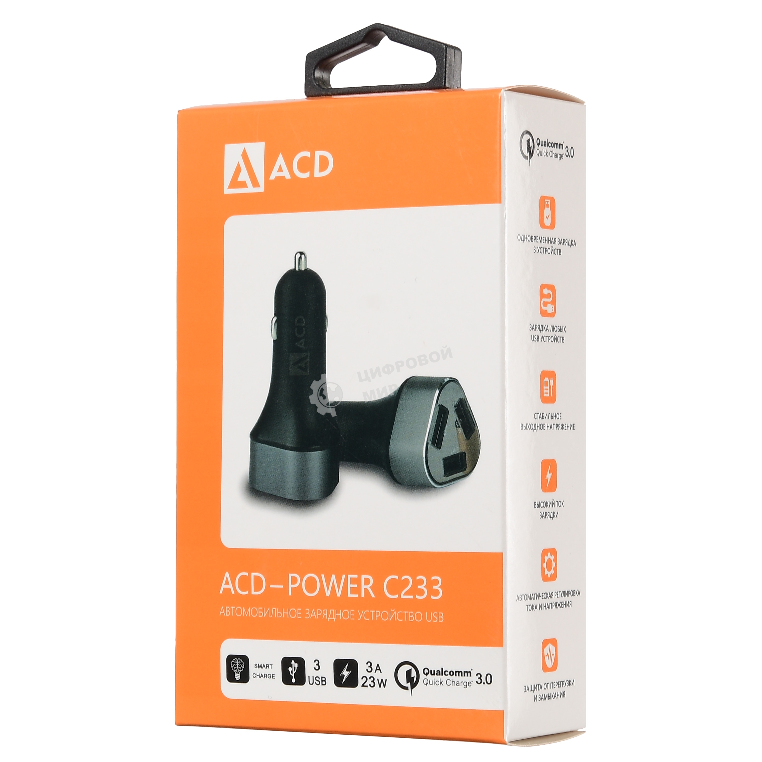 Автомобильное зарядное устройство ACD черный 23Вт, 3xUSB 1QC+2Smart, 3.6~12В, 3А RTL