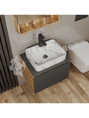 Комплект: тумба Bau Dream Blackwood графит 60, 1 ящик, раковина прямоугольная BAU Cerama 48х37, мрамор, смеситель Hotel Black, черный матовый, выпуск клик клак черный
