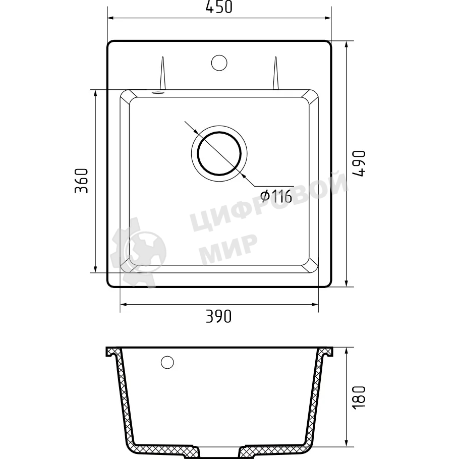 Мойка GRANFEST URBAN 245 1-чаша 450x490мм, монтаж: врезной, материал: кварц, темно-серый