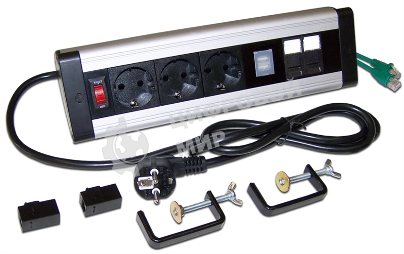 Блок розеток: 3 эл. модуля, 2 USB модуля, 2 порта кат.6