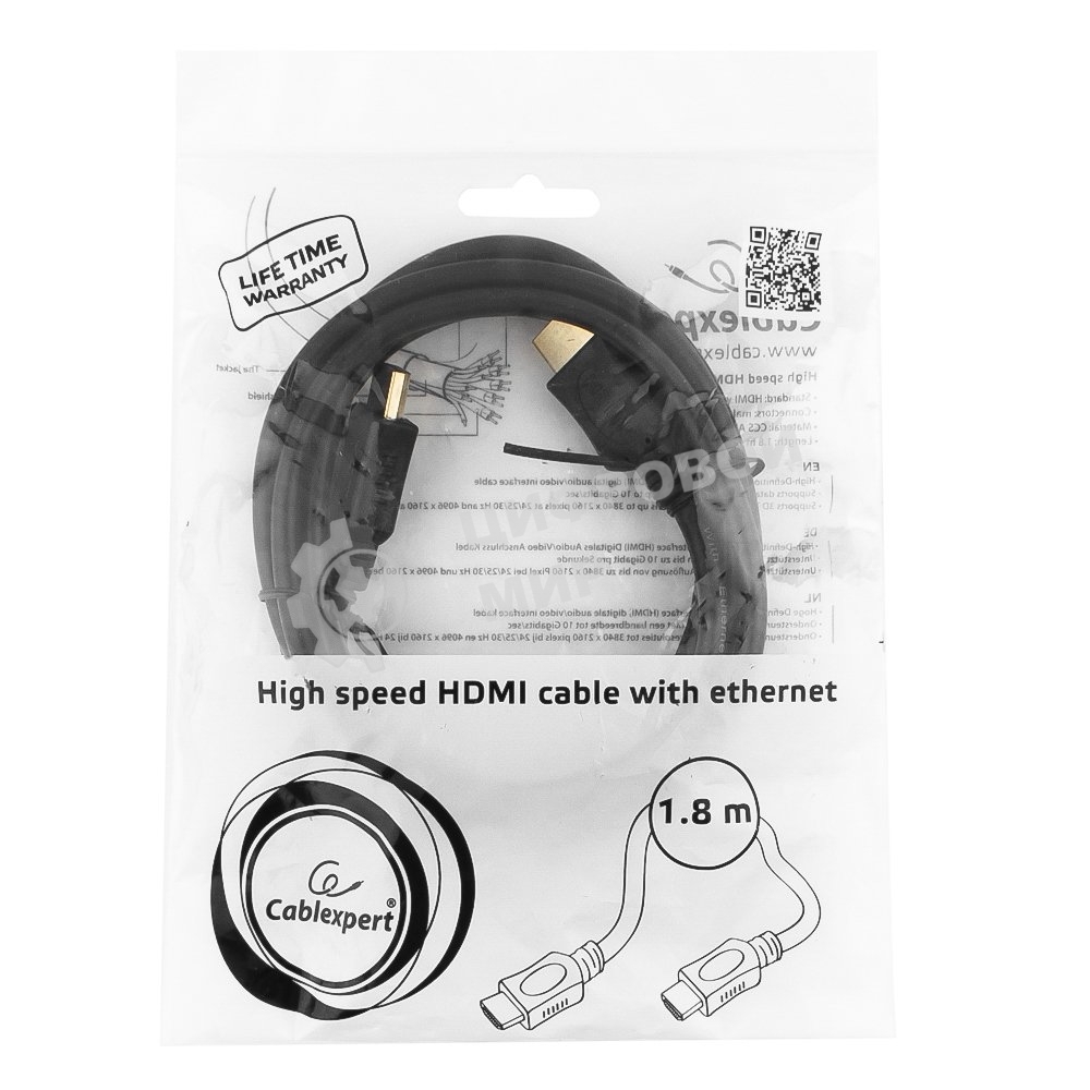 Кабель Cablexpert HDMI CC-HDMI4L-6, 19M/19M, v2.0, серия Light, позол.разъемы, экран, 1.8м, черный, пакет