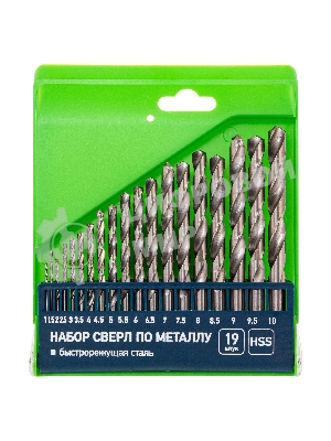 Набор сверл по металлу Сибртех, 1-10 мм (через 0,5 мм), HSS, 19 шт.,пластик.коробка цил. хвостовик