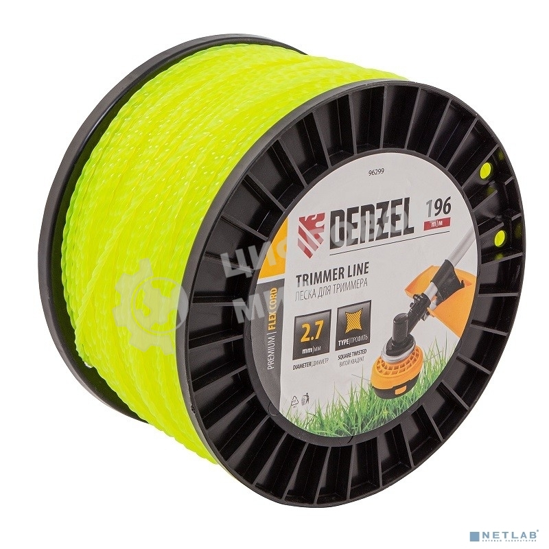 Леска для триммера Denzel витой квадрат, 2,7мм х 196м, на DIN катушке FLEX CORD