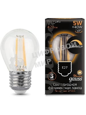 Лампа светодиодная филаментная Gauss 5Вт цок.:E27 шар 220B 2700K св.свеч.бел.теп. G45 (упак.:10шт) (105802105-D)