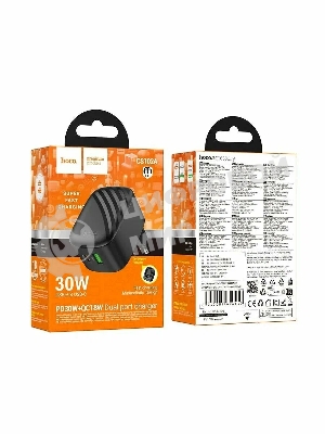 Зарядное устройство Hoco 30Вт, 3А, QC3.0/PD, 1xUSB, 1xType-C, CS102A, черный, коробка