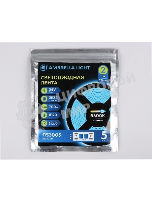 Светодиодная лента Ambrella light GS3003 2835 60Led/ 6W m/ 24V IP20 6500K/ 5000*8*1.2mm (2 конт.)