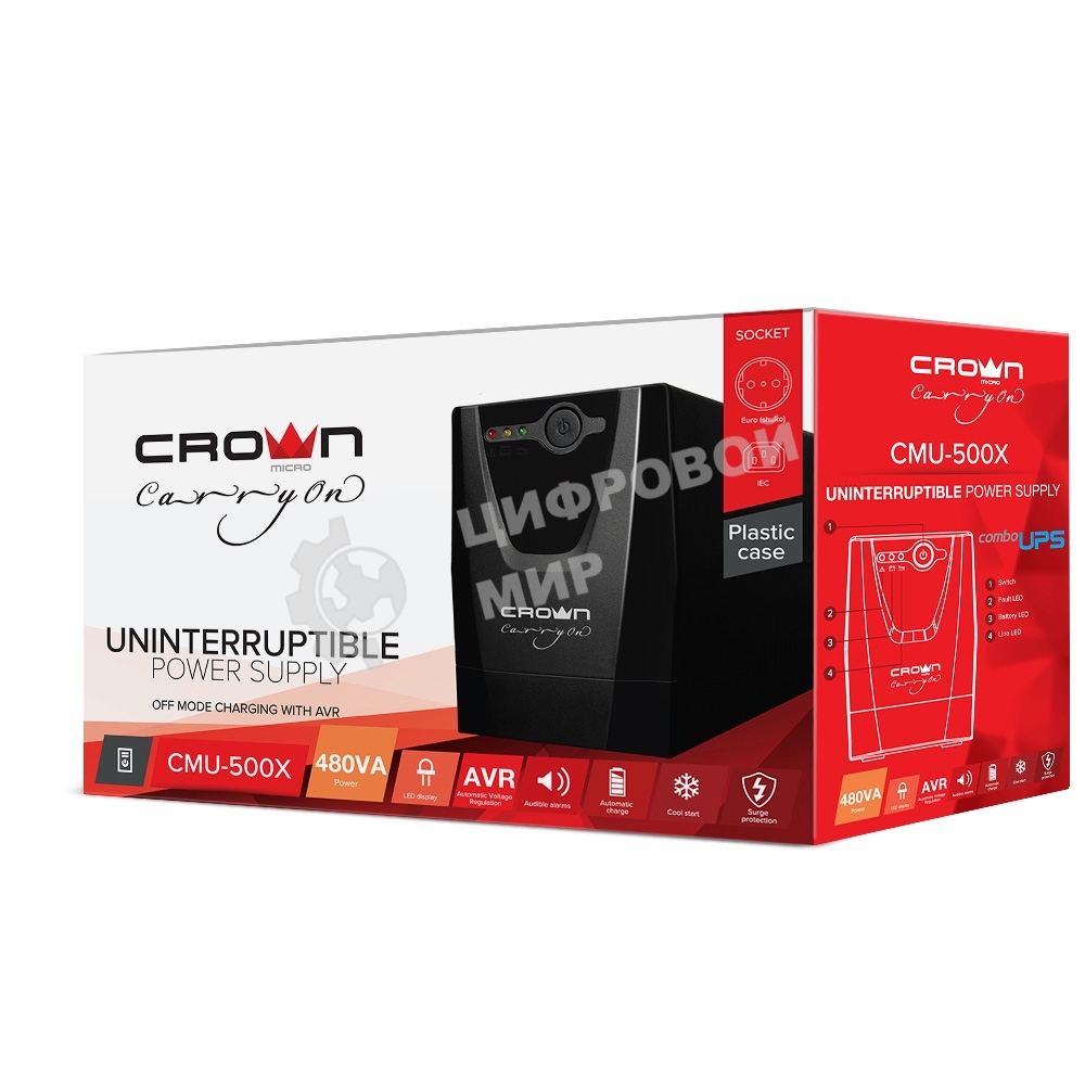 Источник бесперебойного питания Crown CMU-500X (480 ВА/240 Вт; Off-Line; 1 х Euro + 1 х IEC-320 резервным питанием и фильтрацией; 12V/4,5AH х 1; пластик)