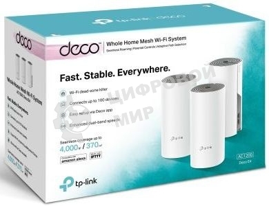 Домашняя Mesh Wi-Fi система TP-Link Deco E4 (3-Pack), 1167 Мбит/с (5 ГГц: до 867 Мбит/с + 2,4 ГГц: до 300 Мбит/с), 2 порта 100 Мбит/с, 2 встроенные антенны на каждом модуле Deco