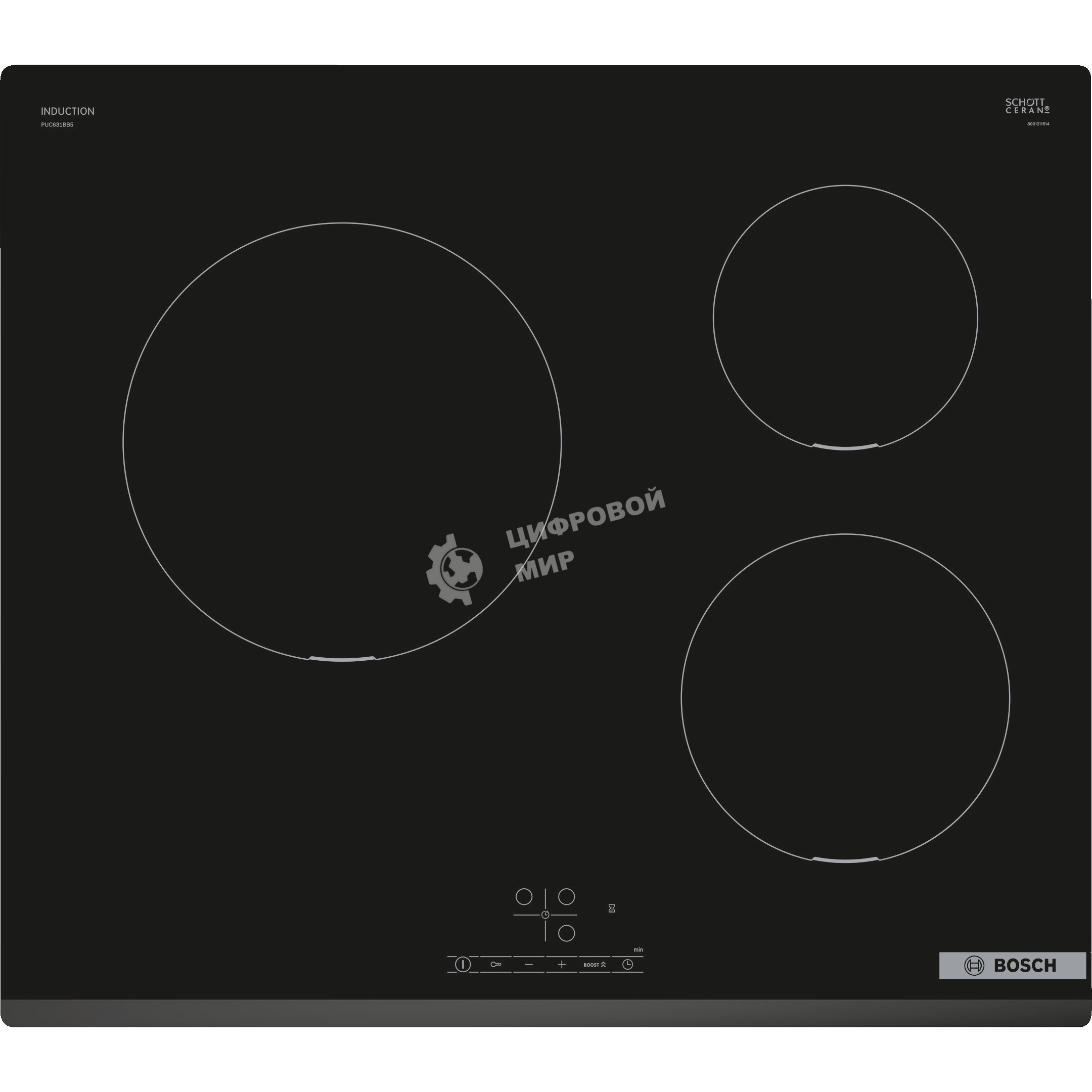 Индукционная варочная панель Bosch PUC631BB5E независимая, конфорок - 3 шт, панель - стеклокерамика, 4.6 кВт