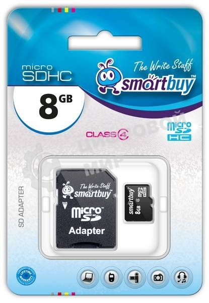 Флеш карта microSD 8Gb, Smartbuy microSDHC Class 10 (SD адаптер)