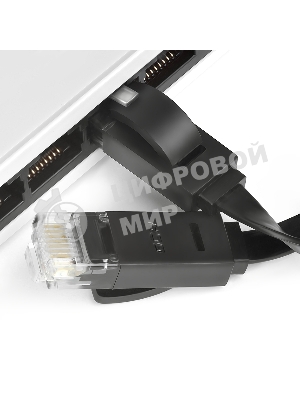 Патч-корд Greenconnect плоский прямой PROF 15.0m UTP медь, cat.6, черный, позолоченные контакты, 30 AWG, Premium ethernet high speed 10 Гбит/с, RJ45, T568B (GCR-LNC616-15.0m)