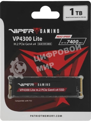 Накопитель SSD Patriot Viper VP4300 Lite, 1Tb, PCIe 4.0 x4, M.2 2280, NVMe, R/W 7400/6400, с радиатором