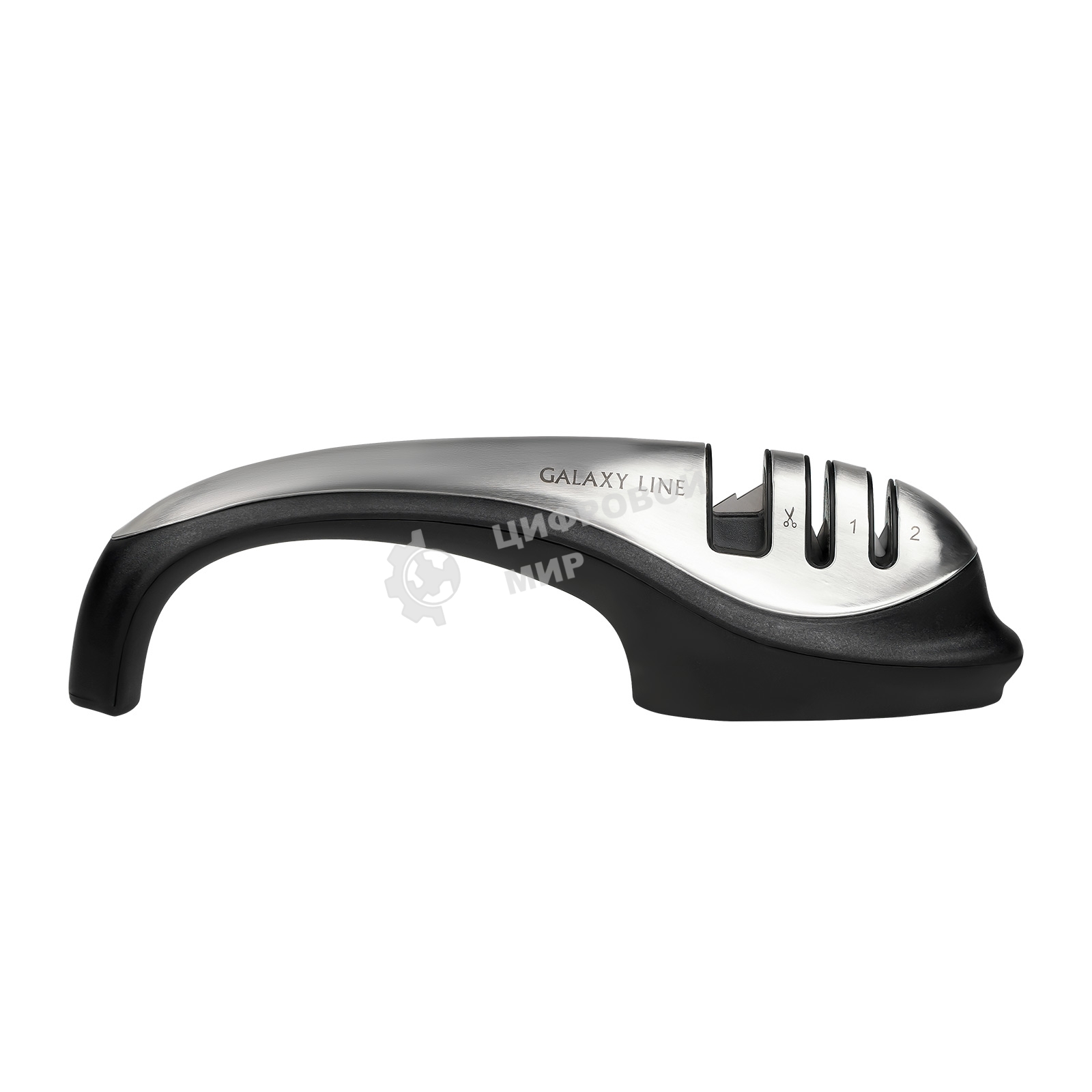 Механическая точилка для ножей и ножниц Galaxy LINE GL 9012, черный с серебристым, высокоэффективные точильные элементы, для металлических, кухонных, керамических, спортивных, складных ножей, 2 этапа обработки лезвий ножей (заточка и доводка),прорезиненно