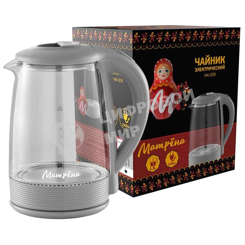 Чайник электрический Матрена MA-009 2 л стекло/пластик, серый