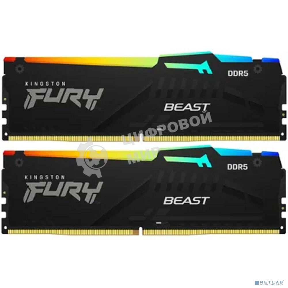 Оперативная память Kingston Fury Beast, DDR5, 64Gb (2x32Gb), 6000MHz, CL30, DIMM, с радиатором, RGb, черный