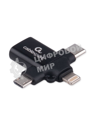 Переходник USB3.1 Cablexpert A-USB3.1-AF-3in1, AF/Type-C(M)+MicroUSB(M)+Lightning(M), с поддержкой OTG, черный, пакет